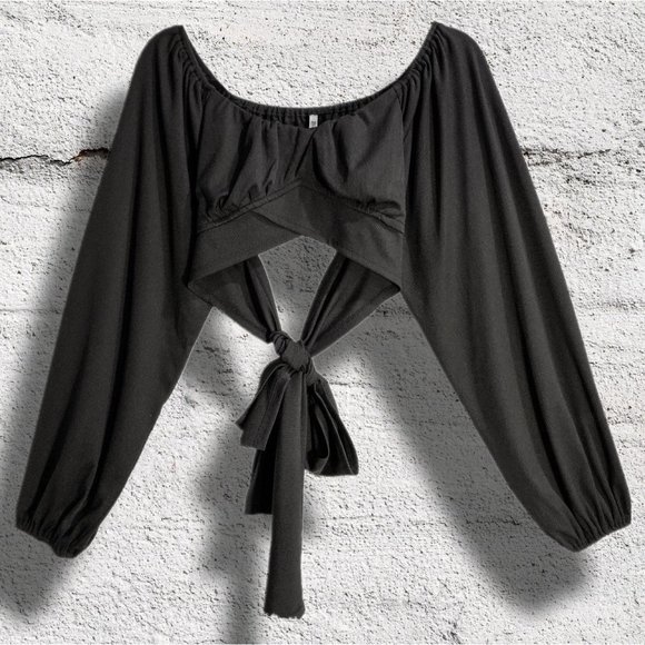 Bluebell Bishop Sleeved Peasant Style Neck Tie Back Ribbed Black Crop sz M - Picture 1 of 4